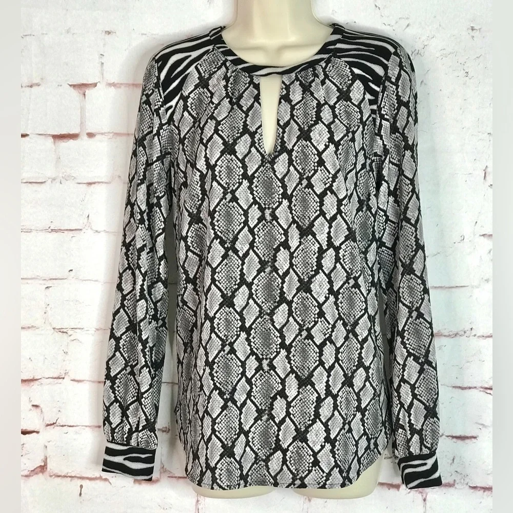 MICHAEL Michael Kors XS Snake Print Keyhole Neck Black & Gray Long Sleeve Blouse